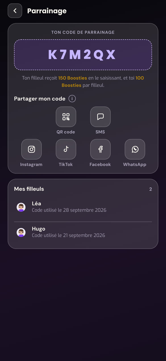 Capture de Boostz : le code de parrainage à partager et les filleuls