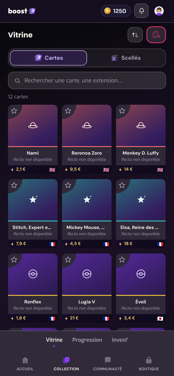 Capture de Boostz : la Vitrine, les cartes de la collection rangées par jeu