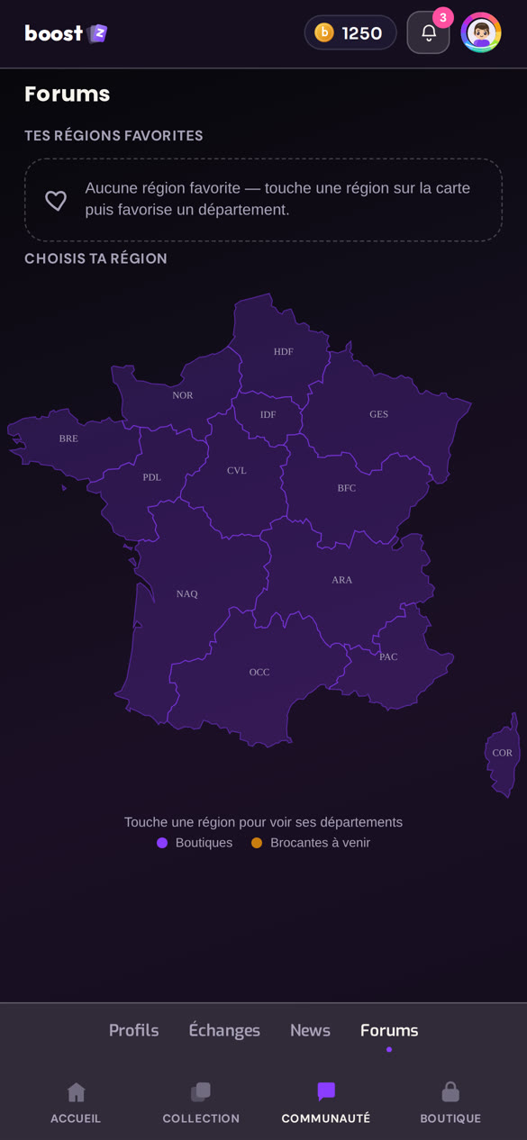 Capture de Boostz : la carte de France des forums et des boutiques par région